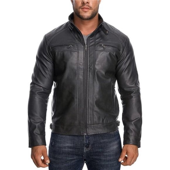 Men’s Stand Collar Leather Jacket Coat with Zipper Pockets